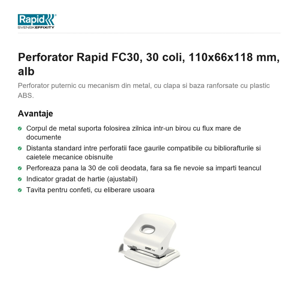 Perforator Rapid FC30, 30 coli, 110x66x118 mm, alb [2]
