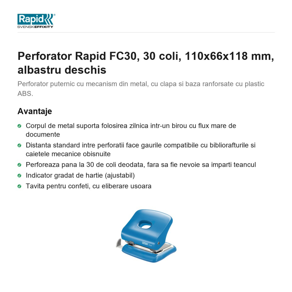 Perforator Rapid FC30, 30 coli, 110x66x118 mm, albastru deschis [2]