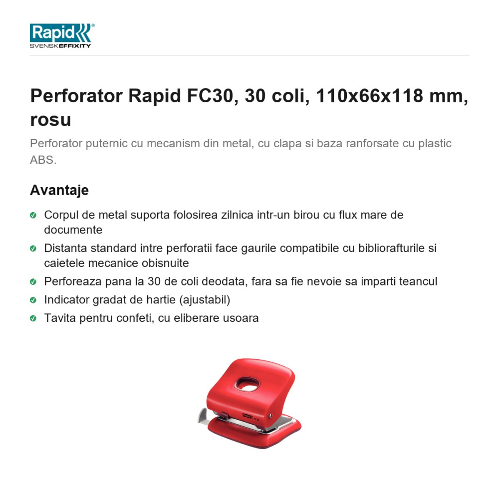 Perforator Rapid FC30, 30 coli, 110x66x118 mm, rosu [2]