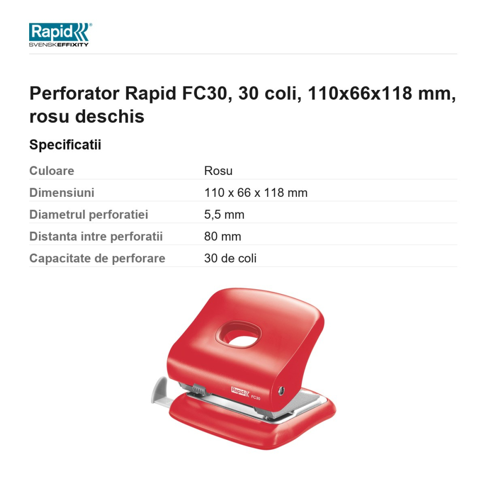 Perforator Rapid FC30, 30 coli, 110x66x118 mm, rosu deschis [3]