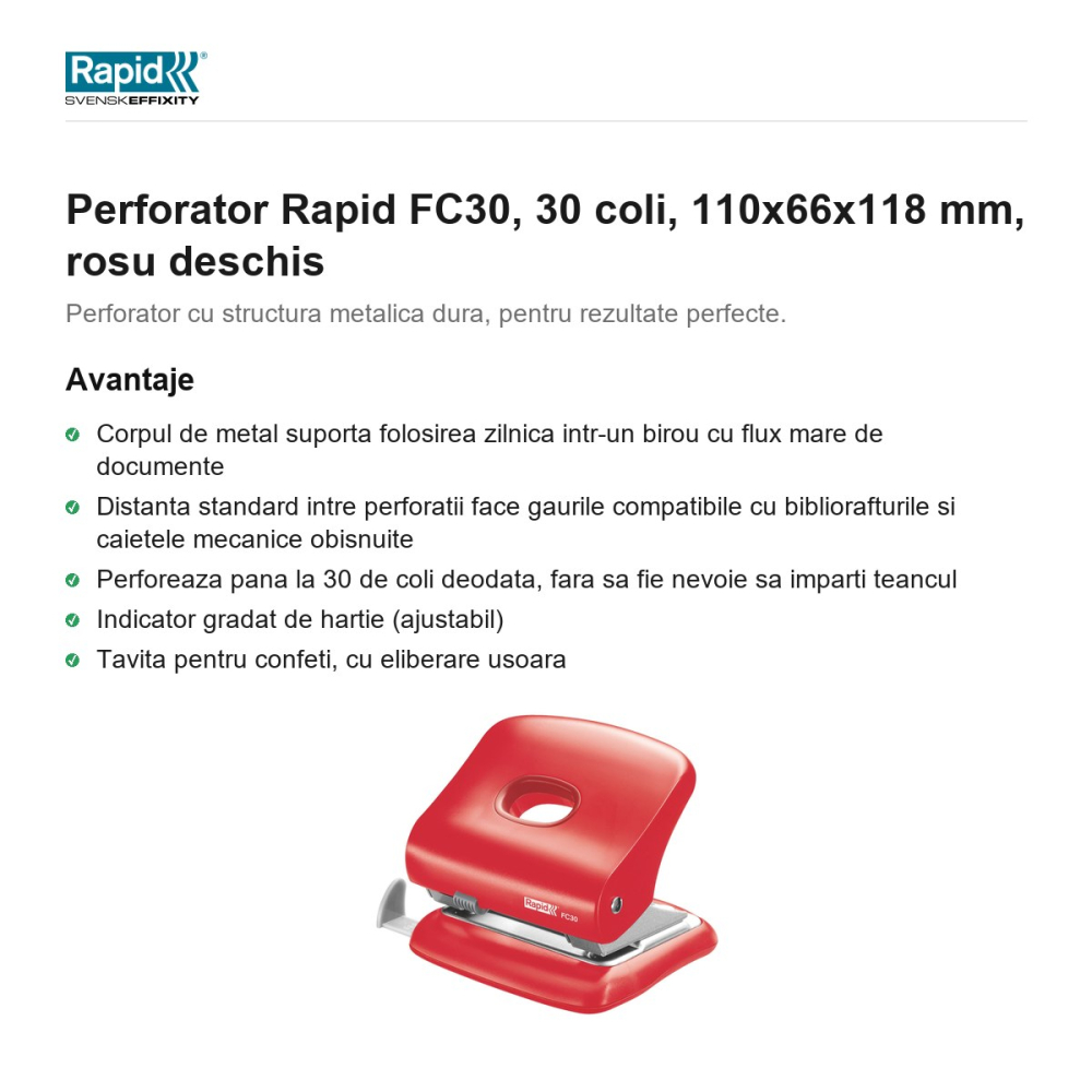 Perforator Rapid FC30, 30 coli, 110x66x118 mm, rosu deschis [2]