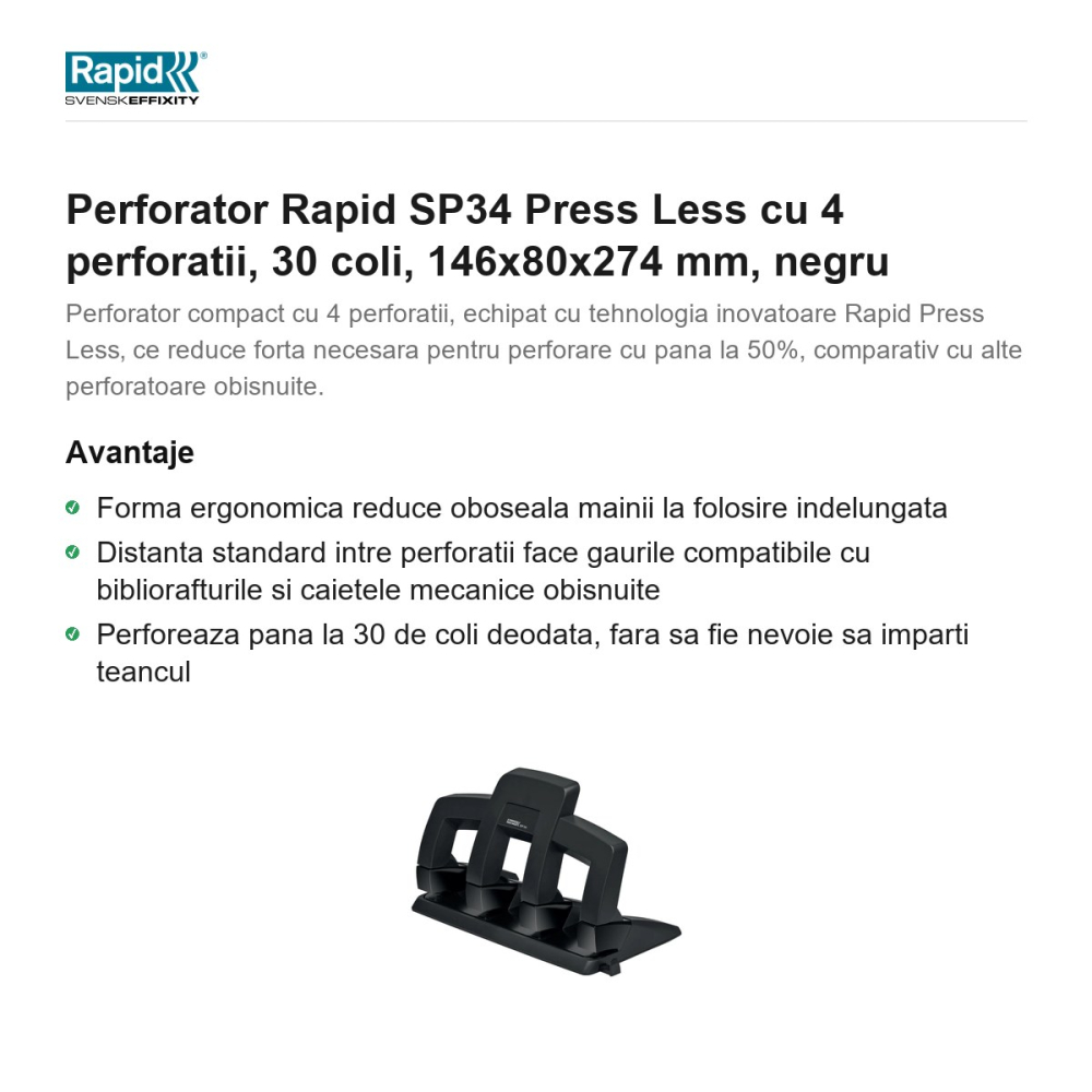Perforator Rapid SP34 Press Less cu 4 perforatii, 30 coli, 146x80x274 mm, negru [2]