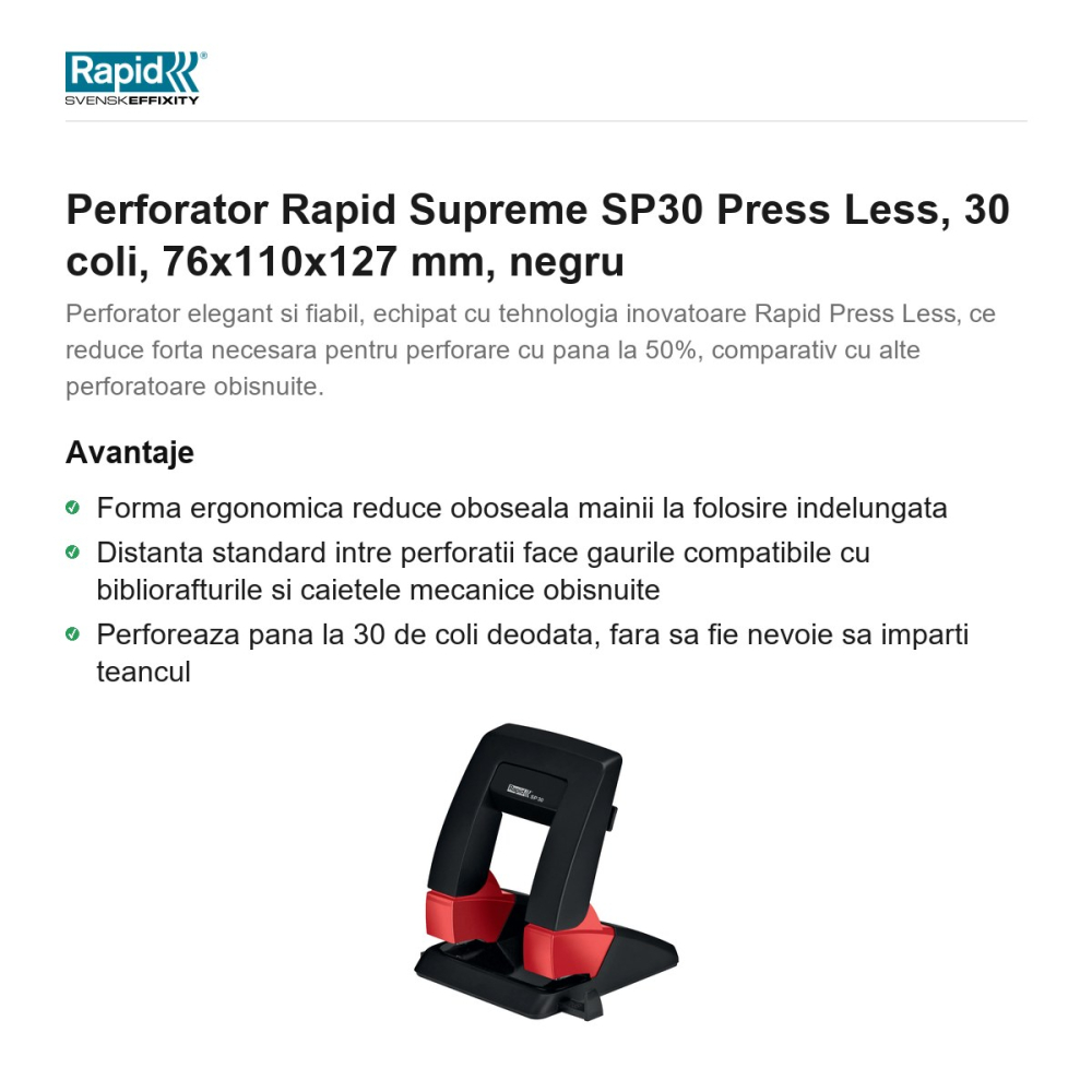 Perforator Rapid Supreme SP30 Press Less, 30 coli, 76x110x127 mm, negru [2]