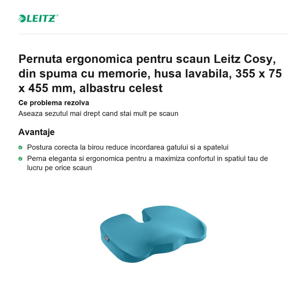Pernuta ergonomica pentru scaun Leitz Cosy, din spuma cu memorie, husa lavabila, 355 x 75 x 455 mm, albastru celest [2]