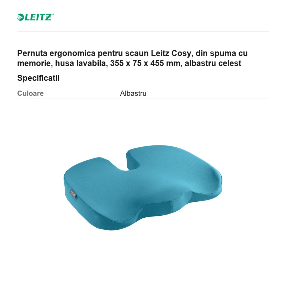 Pernuta ergonomica pentru scaun Leitz Cosy, din spuma cu memorie, husa lavabila, 355 x 75 x 455 mm, albastru celest [3]