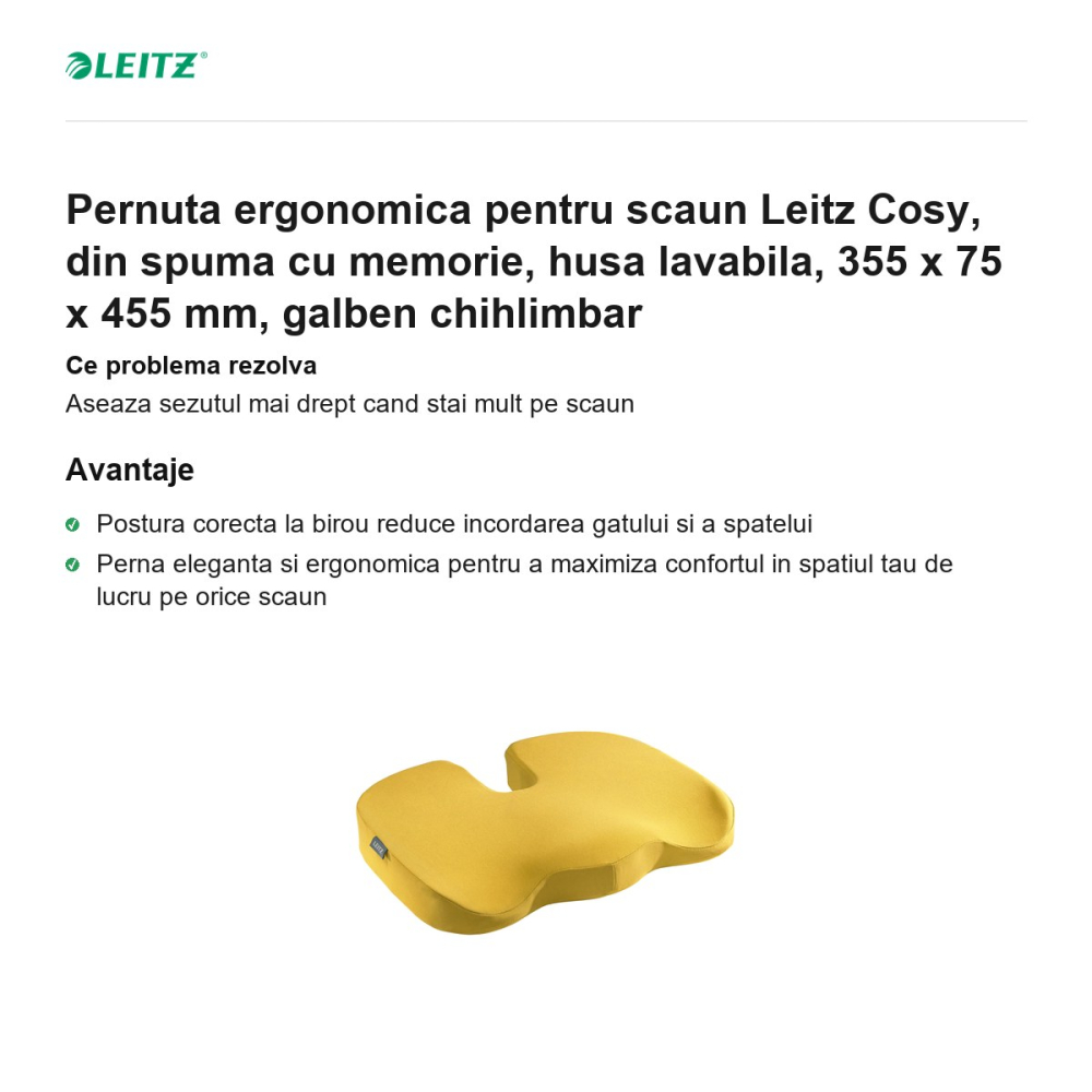 Pernuta ergonomica pentru scaun Leitz Cosy, din spuma cu memorie, husa lavabila, 355 x 75 x 455 mm, galben chihlimbar [2]