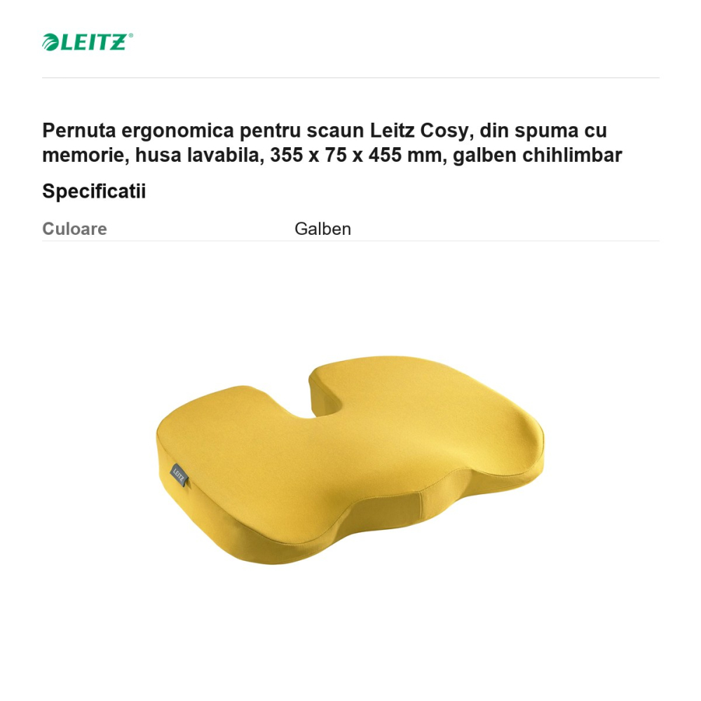 Pernuta ergonomica pentru scaun Leitz Cosy, din spuma cu memorie, husa lavabila, 355 x 75 x 455 mm, galben chihlimbar [3]