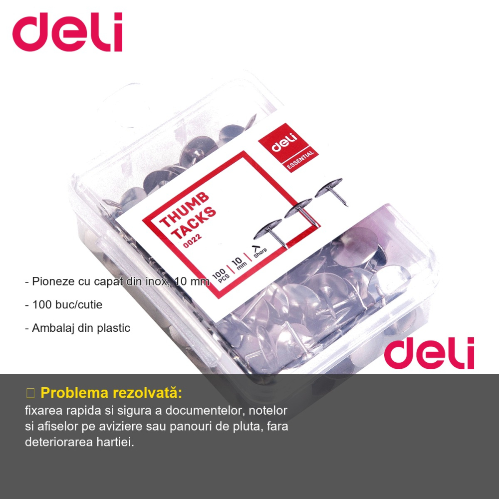 Pioneze cu cap inox Deli, 10 mm, 100 bucati in cutie plastic, pentru aviziere si panouri [2]