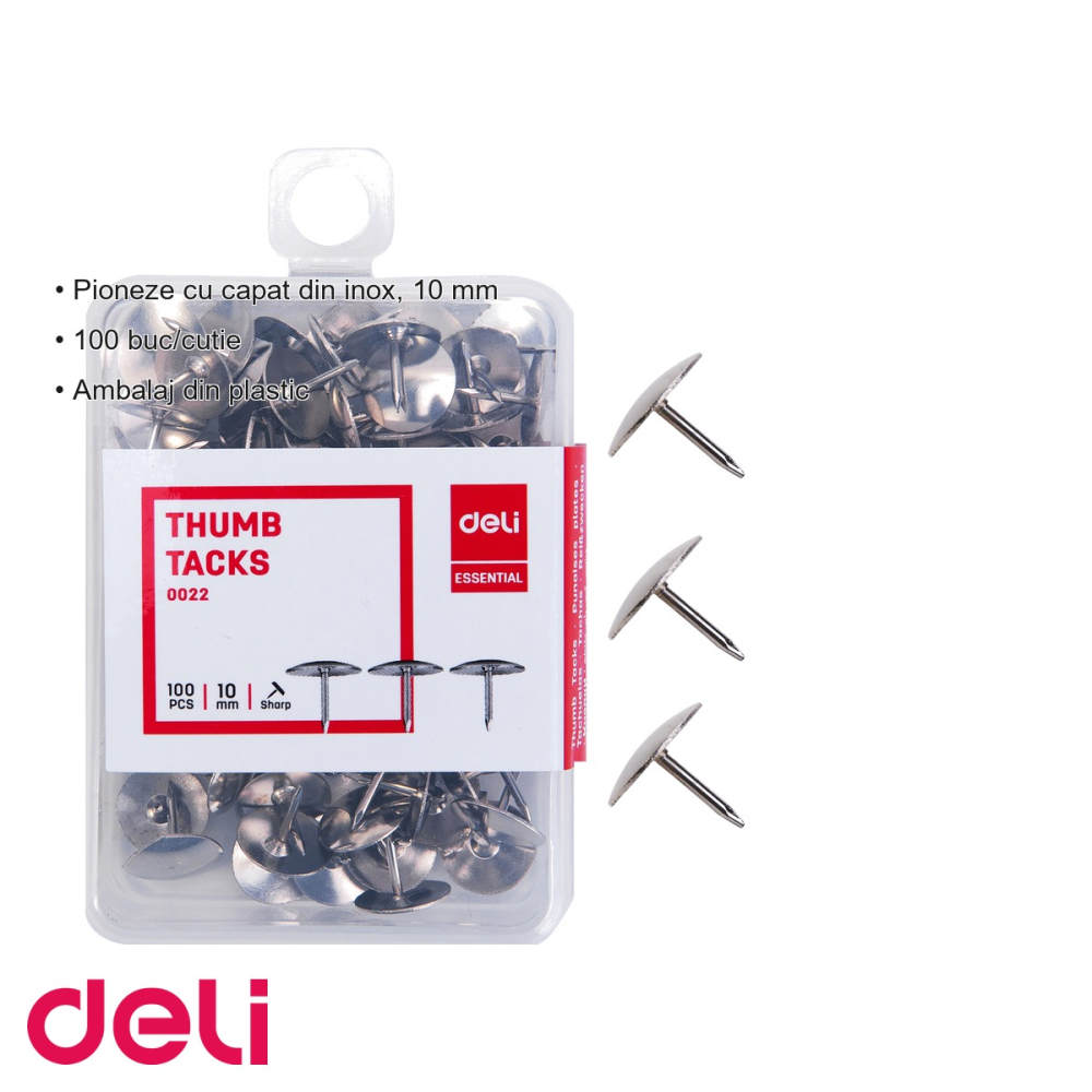 Pioneze cu cap inox Deli, 10 mm, 100 bucati in cutie plastic, pentru aviziere si panouri [3]