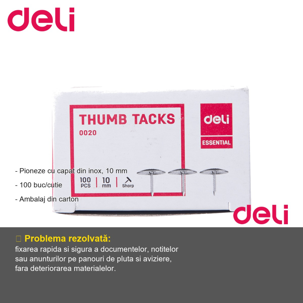 Pioneze metalice Deli, cap inox 10 mm, cutie 100 bucati, pentru panouri si aviziere [2]
