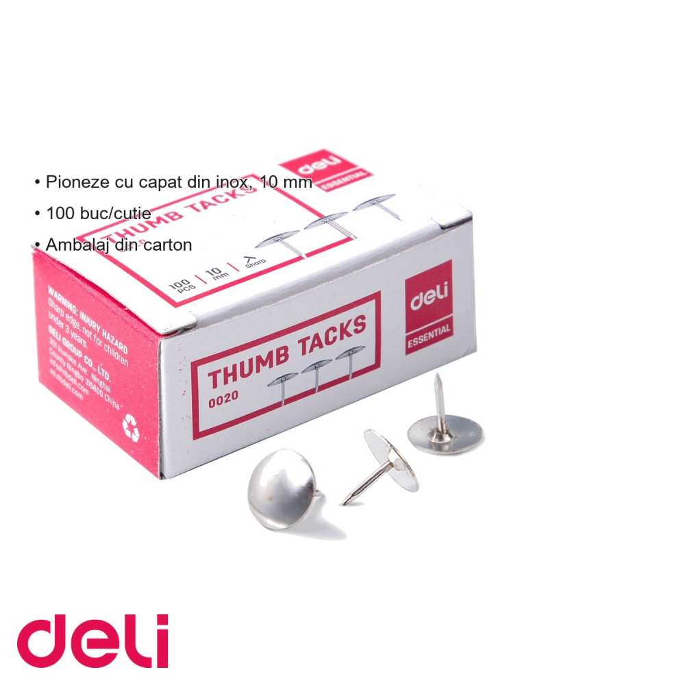 Pioneze metalice Deli, cap inox 10 mm, cutie 100 bucati, pentru panouri si aviziere [3]