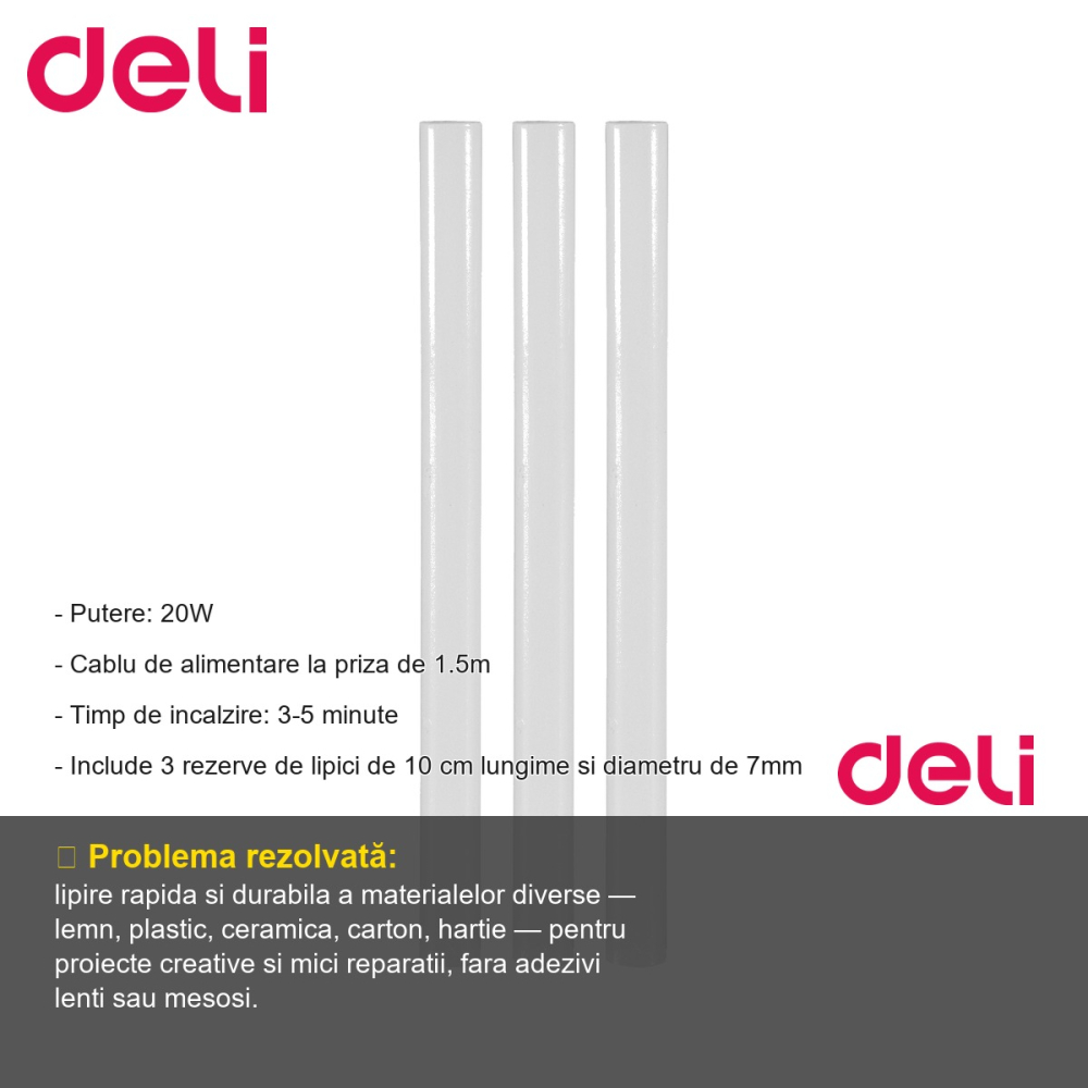 Pistol de lipit cu silicon Deli 20W, cu rezerve incluse, pentru proiecte creative si reparatii [2]