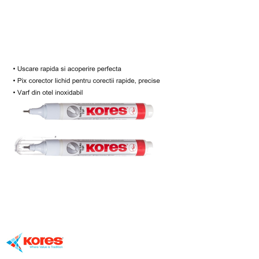 Pix corector Kores 10g, varf din otel inoxidabil, uscare rapida, pentru toate tipurile de cerneala si printuri [3]