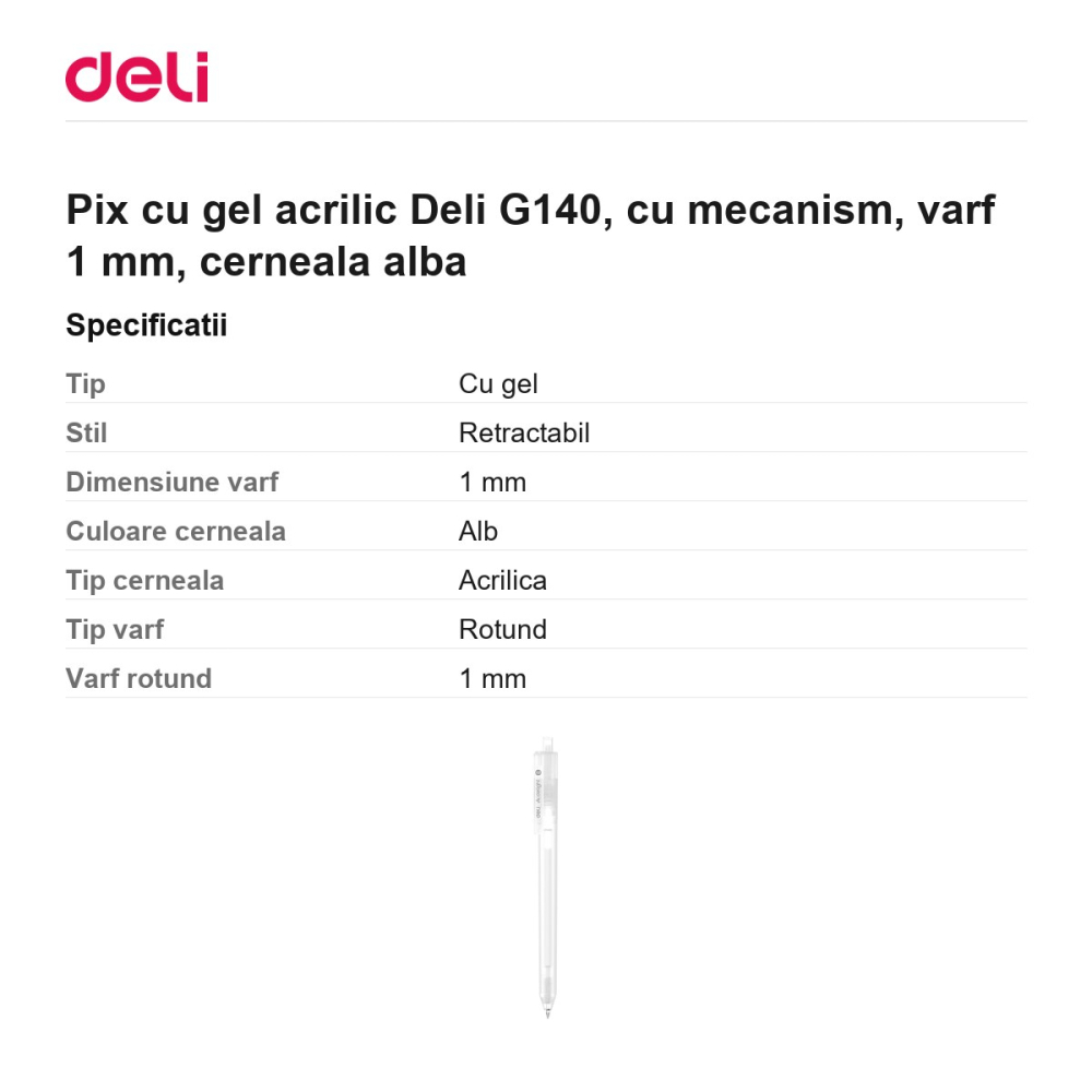 Pix cu gel acrilic Deli G140, cu mecanism, varf 1 mm, cerneala alba [3]