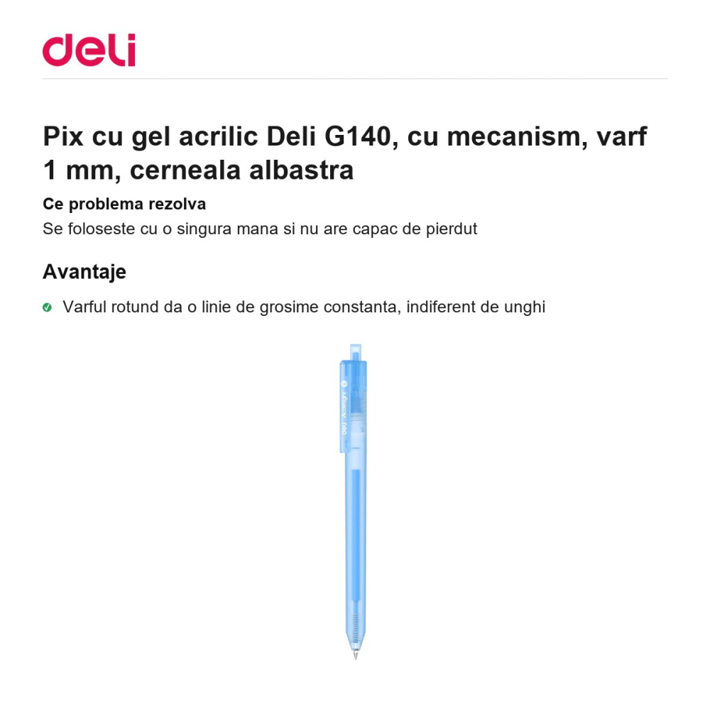 Pix cu gel acrilic Deli G140, cu mecanism, varf 1 mm, cerneala albastra [2]