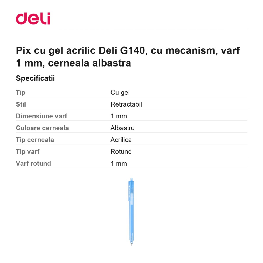 Pix cu gel acrilic Deli G140, cu mecanism, varf 1 mm, cerneala albastra [3]