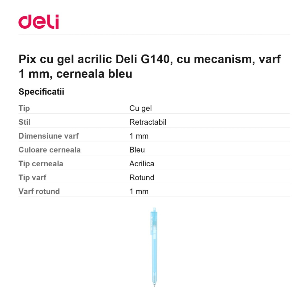 Pix cu gel acrilic Deli G140, cu mecanism, varf 1 mm, cerneala bleu [3]