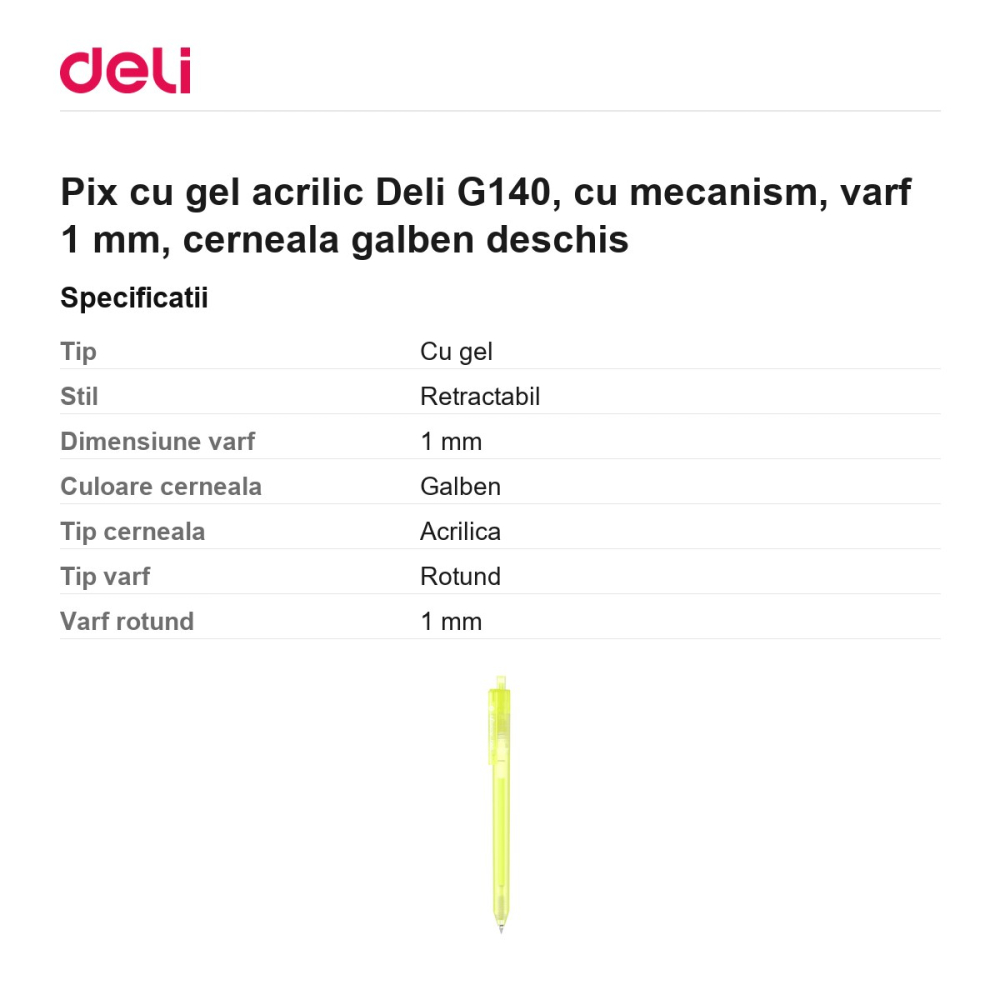 Pix cu gel acrilic Deli G140, cu mecanism, varf 1 mm, cerneala galben deschis [3]