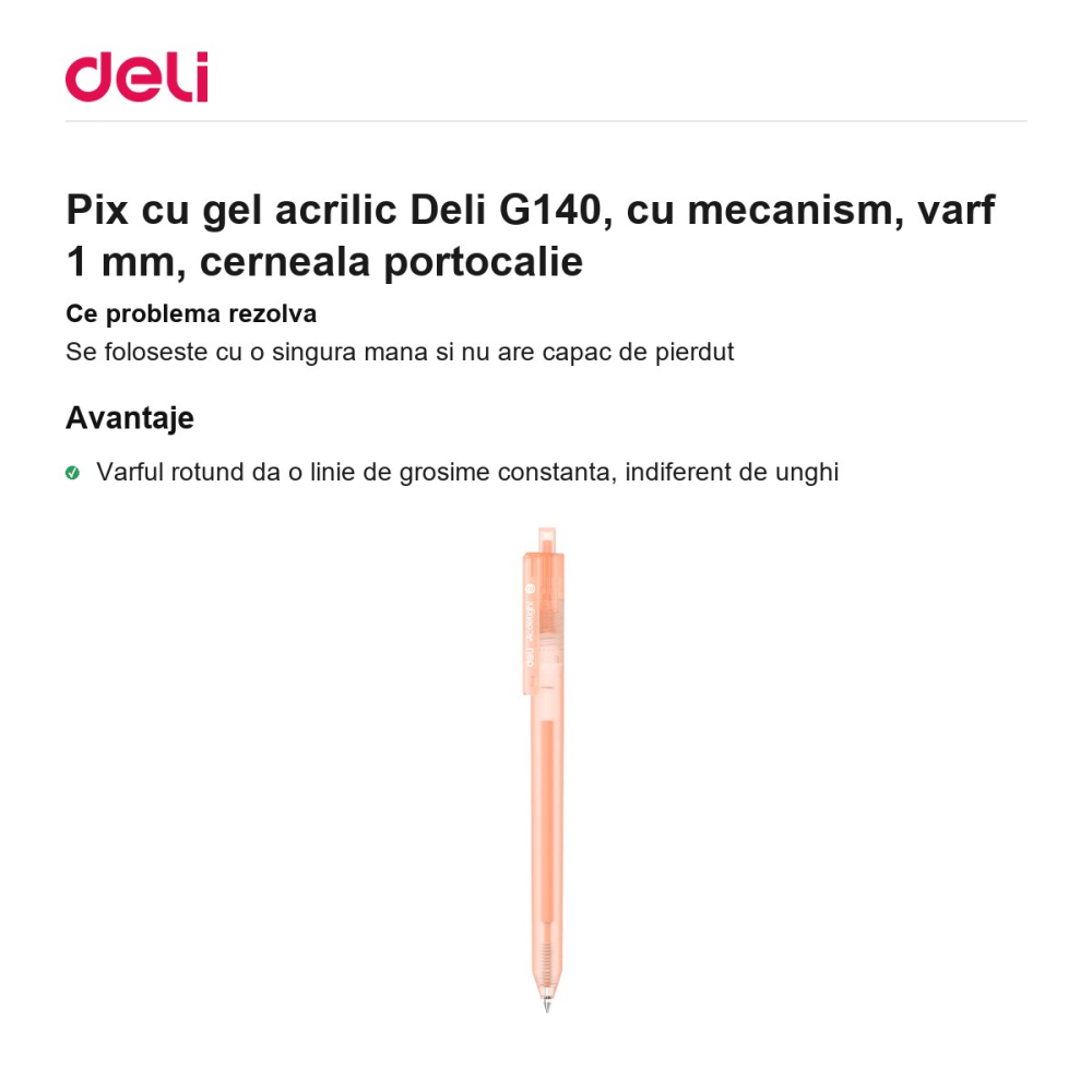 Pix cu gel acrilic Deli G140, cu mecanism, varf 1 mm, cerneala portocalie [2]