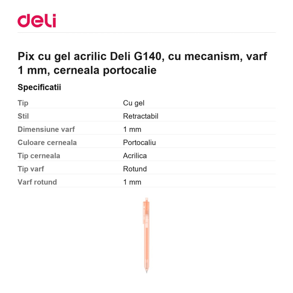 Pix cu gel acrilic Deli G140, cu mecanism, varf 1 mm, cerneala portocalie [3]