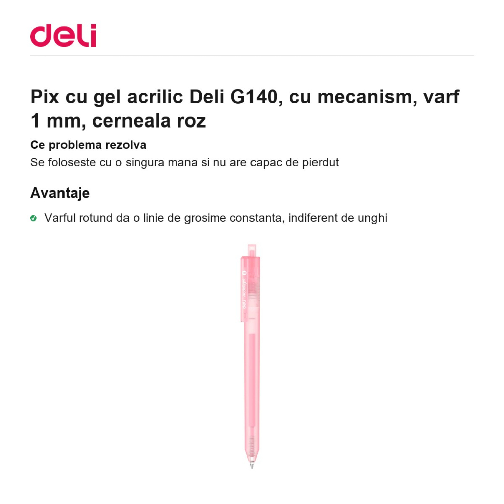 Pix cu gel acrilic Deli G140, cu mecanism, varf 1 mm, cerneala roz [2]