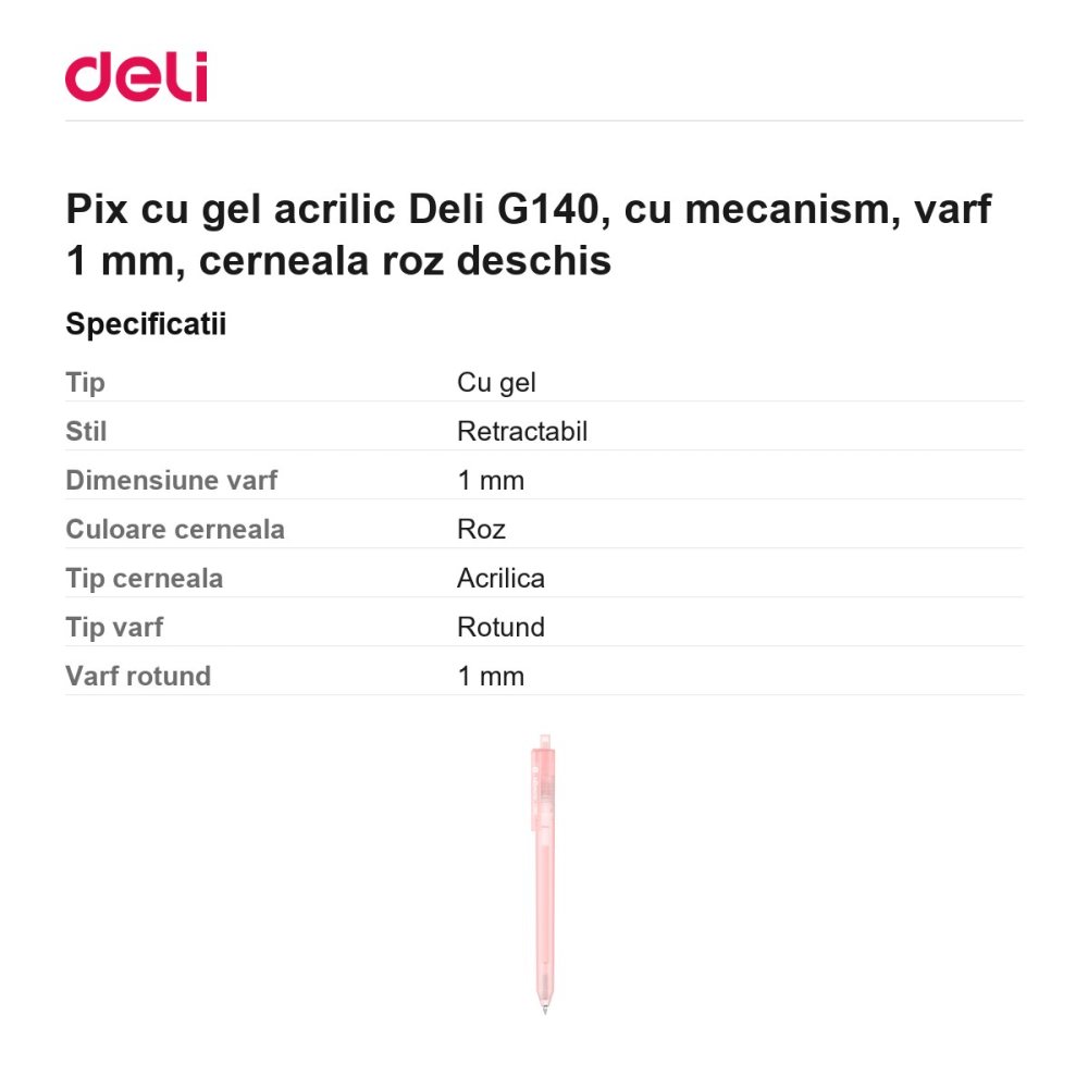 Pix cu gel acrilic Deli G140, cu mecanism, varf 1 mm, cerneala roz deschis [3]