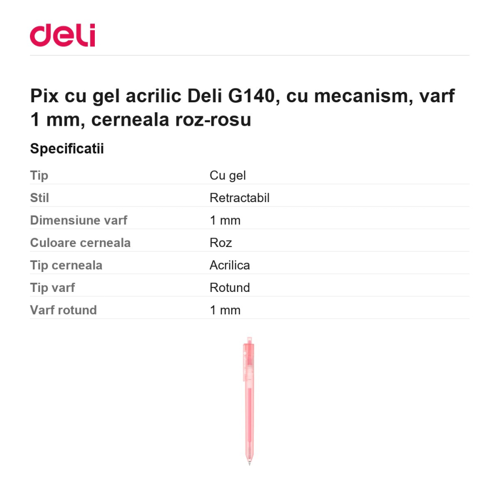 Pix cu gel acrilic Deli G140, cu mecanism, varf 1 mm, cerneala roz-rosu [3]