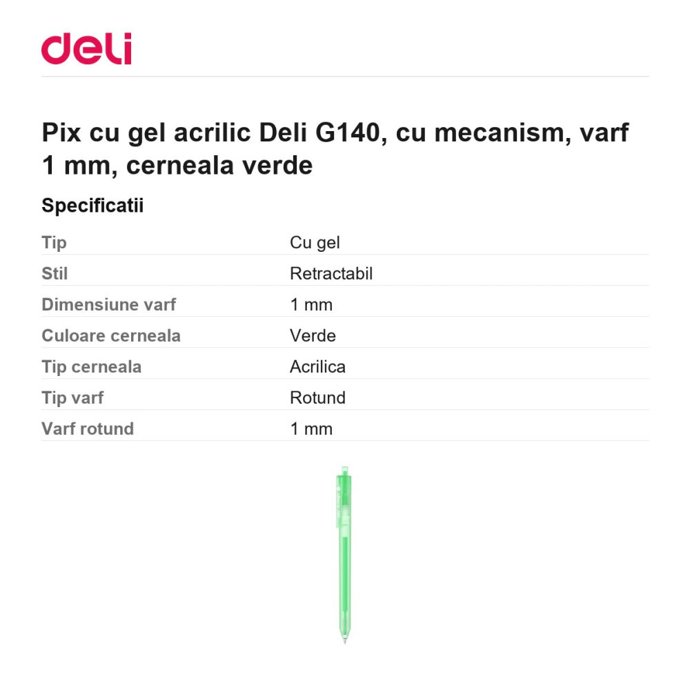 Pix cu gel acrilic Deli G140, cu mecanism, varf 1 mm, cerneala verde [3]