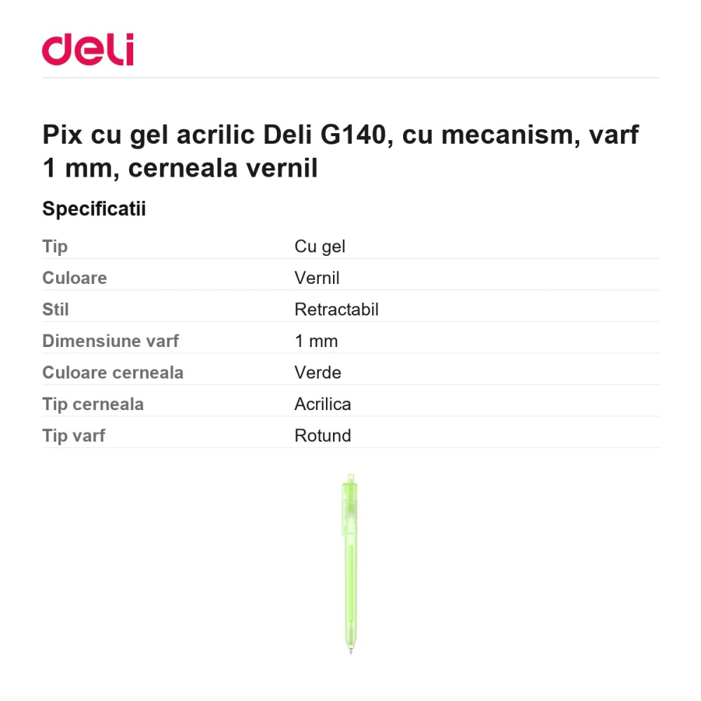 Pix cu gel acrilic Deli G140, cu mecanism, varf 1 mm, cerneala vernil [3]