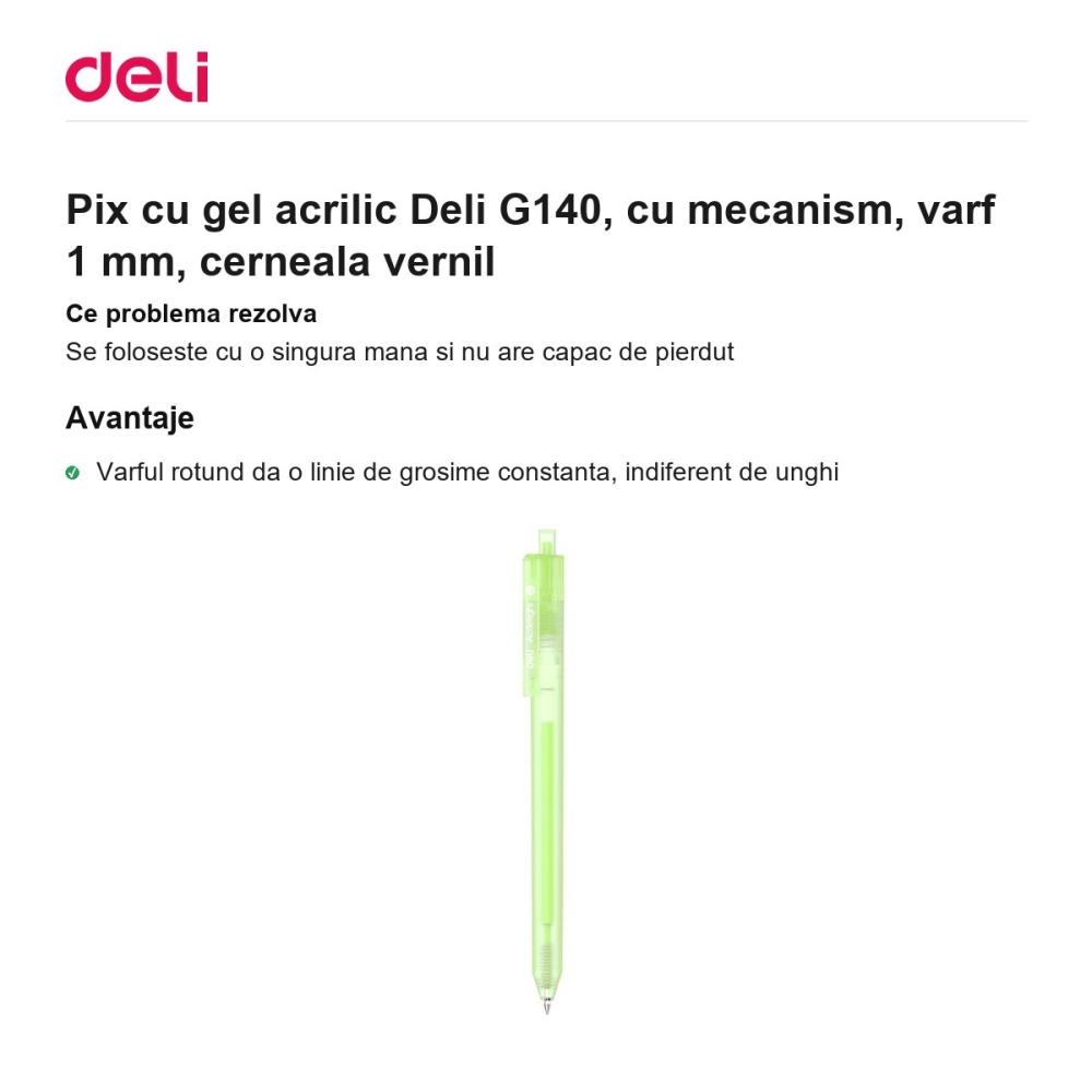 Pix cu gel acrilic Deli G140, cu mecanism, varf 1 mm, cerneala vernil [2]