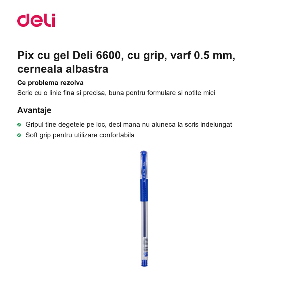 Pix cu gel Deli 6600, cu grip, varf 0.5 mm, cerneala albastra [2]