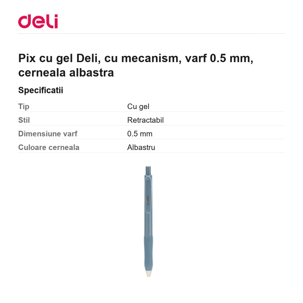 Pix cu gel Deli, cu mecanism, varf 0.5 mm, cerneala albastra [3]