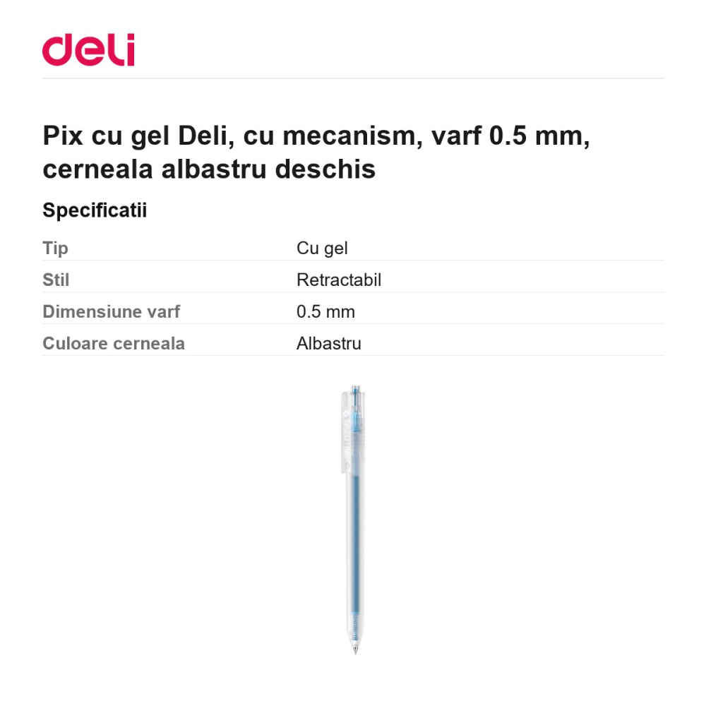 Pix cu gel Deli, cu mecanism, varf 0.5 mm, cerneala albastru deschis [3]