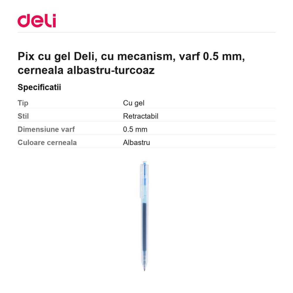 Pix cu gel Deli, cu mecanism, varf 0.5 mm, cerneala albastru-turcoaz [3]