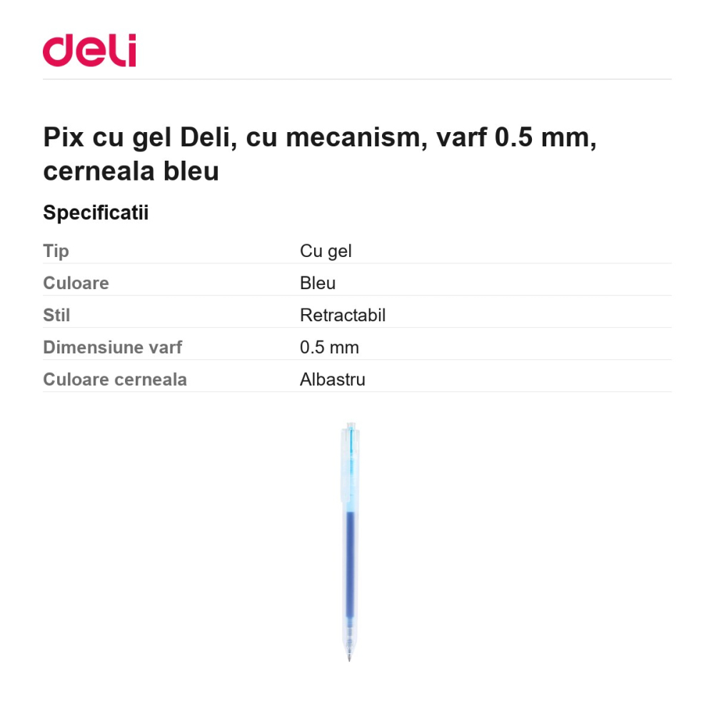 Pix cu gel Deli, cu mecanism, varf 0.5 mm, cerneala bleu [3]