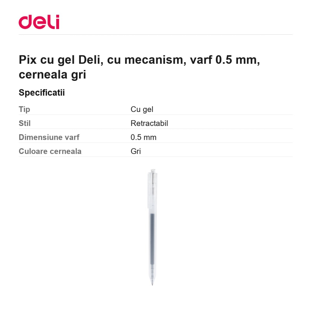Pix cu gel Deli, cu mecanism, varf 0.5 mm, cerneala gri [3]