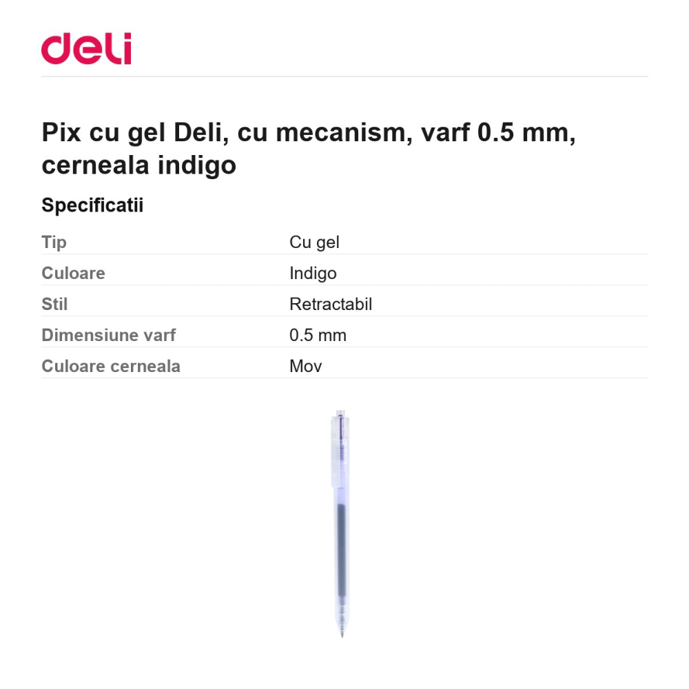 Pix cu gel Deli, cu mecanism, varf 0.5 mm, cerneala indigo [3]