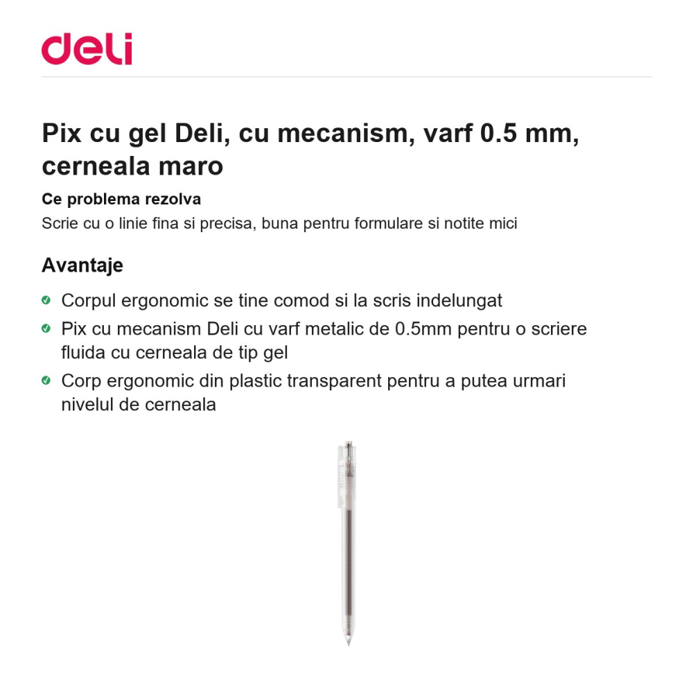 Pix cu gel Deli, cu mecanism, varf 0.5 mm, cerneala maro [2]