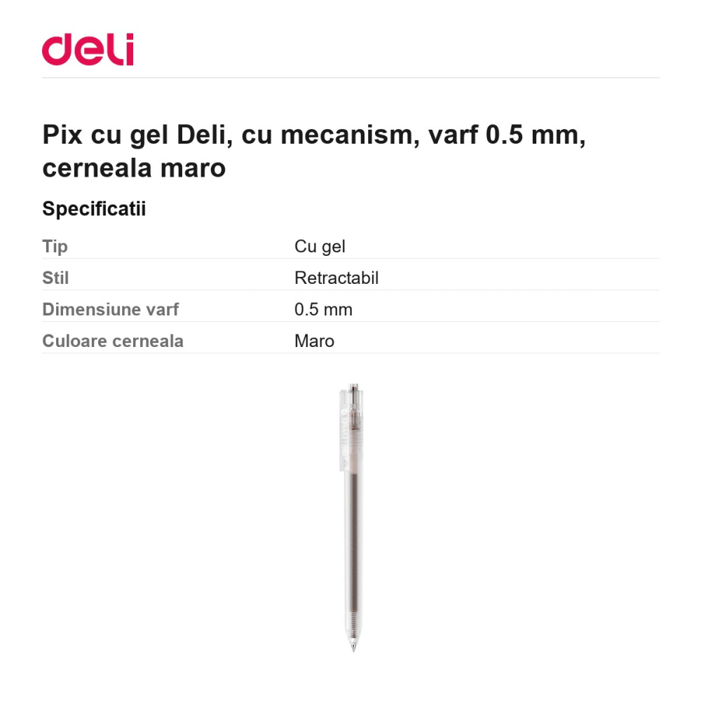 Pix cu gel Deli, cu mecanism, varf 0.5 mm, cerneala maro [3]