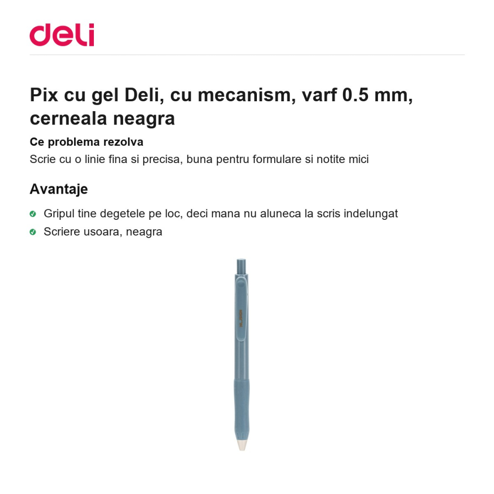 Pix cu gel Deli, cu mecanism, varf 0.5 mm, cerneala neagra [2]