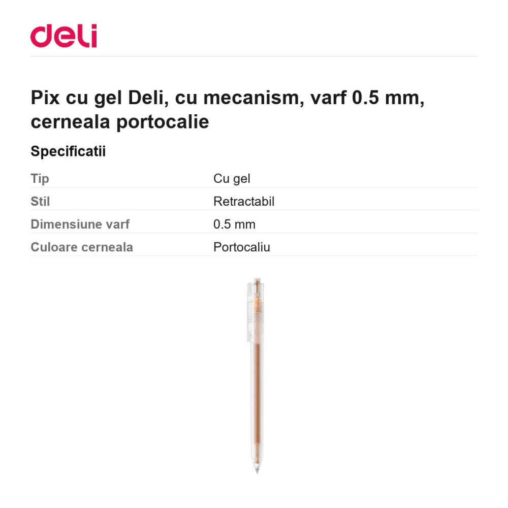 Pix cu gel Deli, cu mecanism, varf 0.5 mm, cerneala portocalie [3]