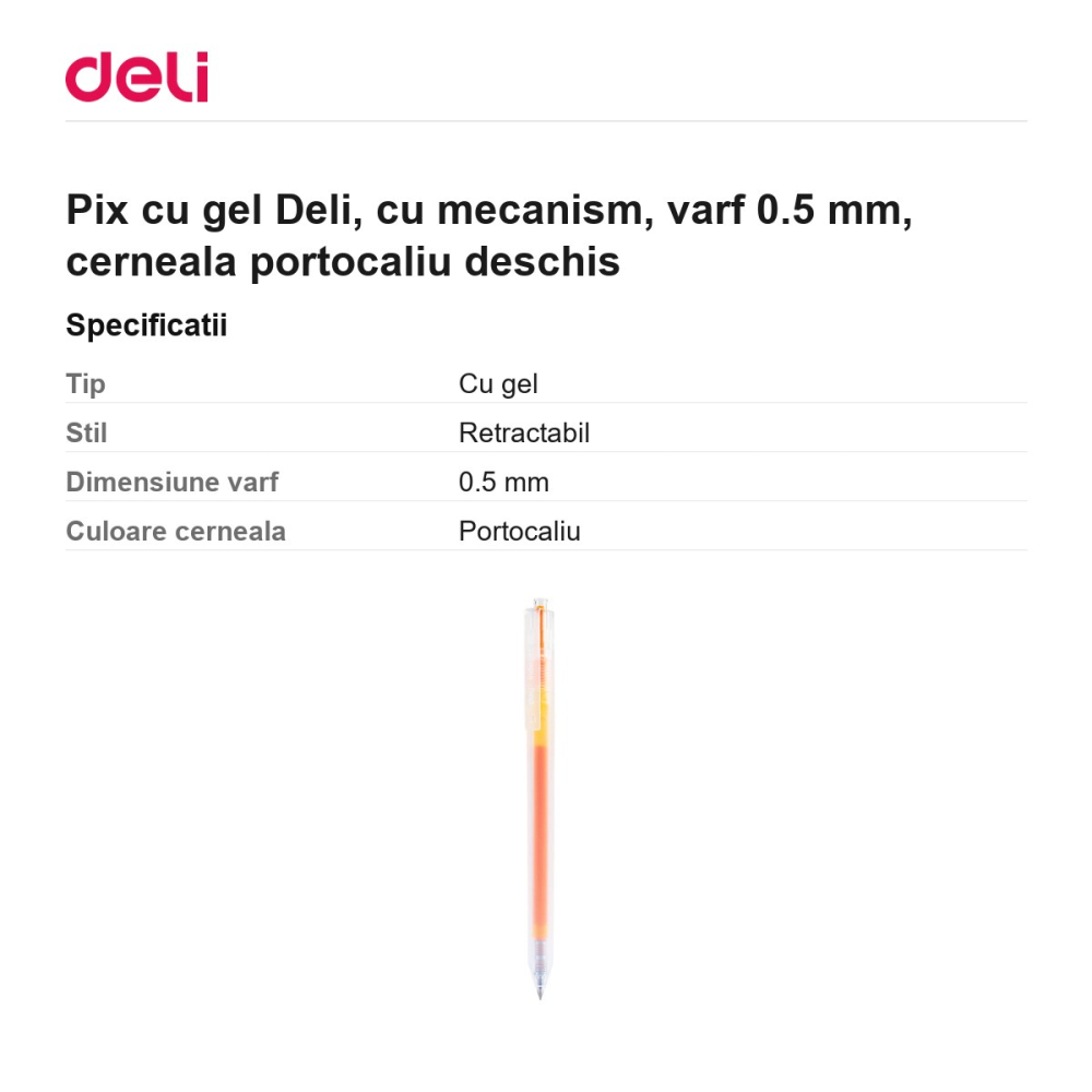 Pix cu gel Deli, cu mecanism, varf 0.5 mm, cerneala portocaliu deschis [3]