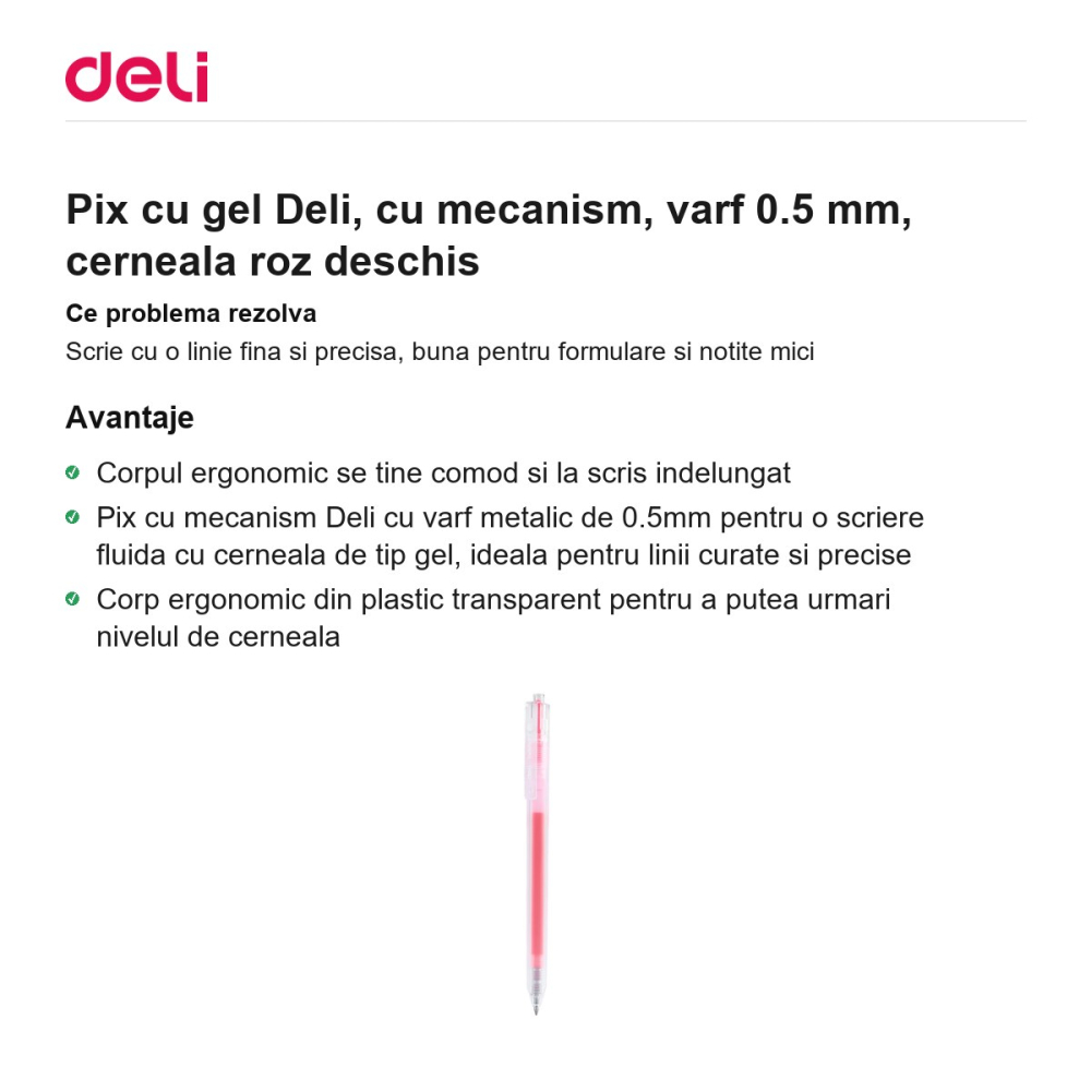 Pix cu gel Deli, cu mecanism, varf 0.5 mm, cerneala roz deschis [2]