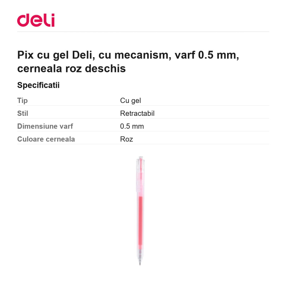 Pix cu gel Deli, cu mecanism, varf 0.5 mm, cerneala roz deschis [3]