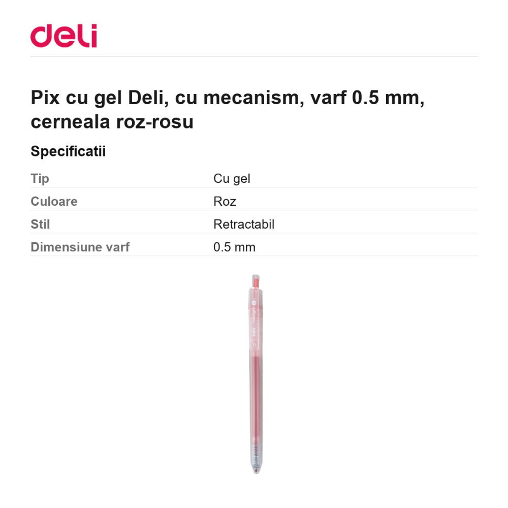 Pix cu gel Deli, cu mecanism, varf 0.5 mm, cerneala roz-rosu [3]