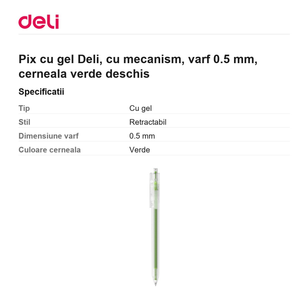 Pix cu gel Deli, cu mecanism, varf 0.5 mm, cerneala verde deschis [3]