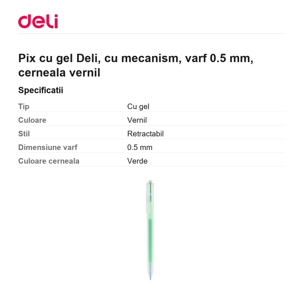 Pix cu gel Deli, cu mecanism, varf 0.5 mm, cerneala vernil [3]