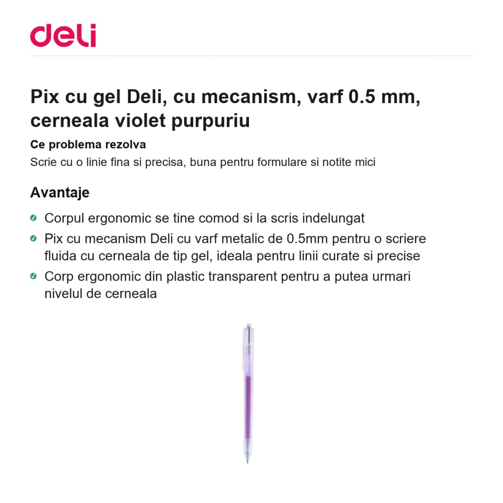 Pix cu gel Deli, cu mecanism, varf 0.5 mm, cerneala violet purpuriu [2]