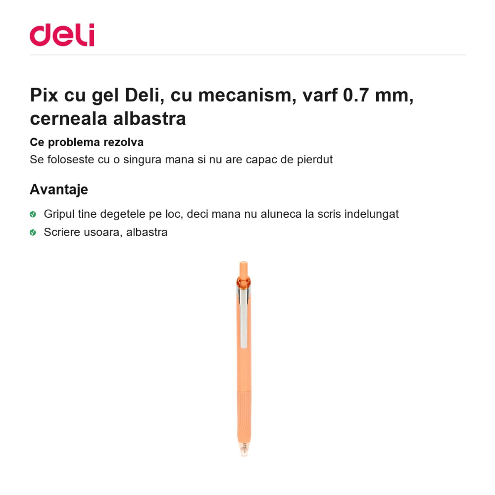 Pix cu gel Deli, cu mecanism, varf 0.7 mm, cerneala albastra [2]