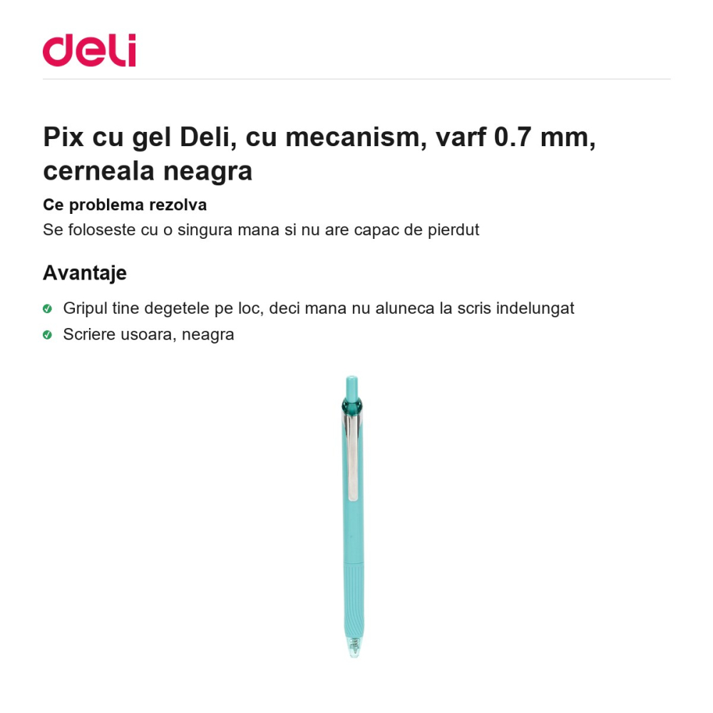 Pix cu gel Deli, cu mecanism, varf 0.7 mm, cerneala neagra [2]